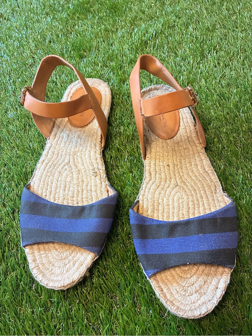 Coach Reena Blue Stripe Espadrille Sandals Leather Size 11 Coastal resortwear - Picture 3 of 9